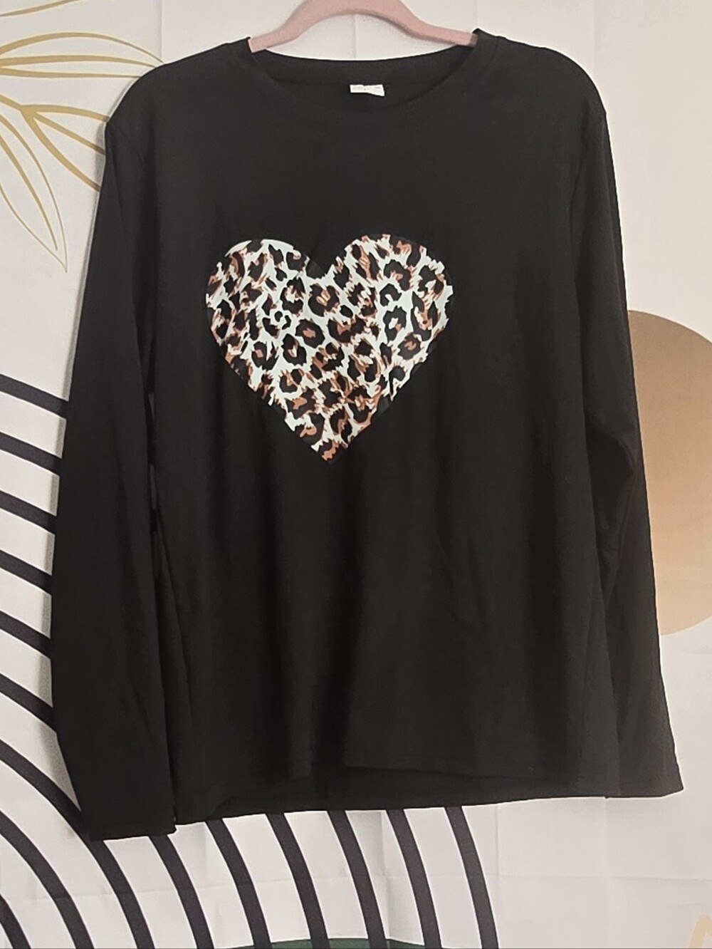 Black Long-Sleeve Kids Top with Leopard Heart Graphic